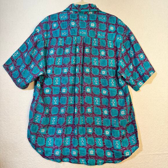 Creative Edge South Western Print Silk Button Up Blouse Size Large Short Sleeve - Picture 2 of 8